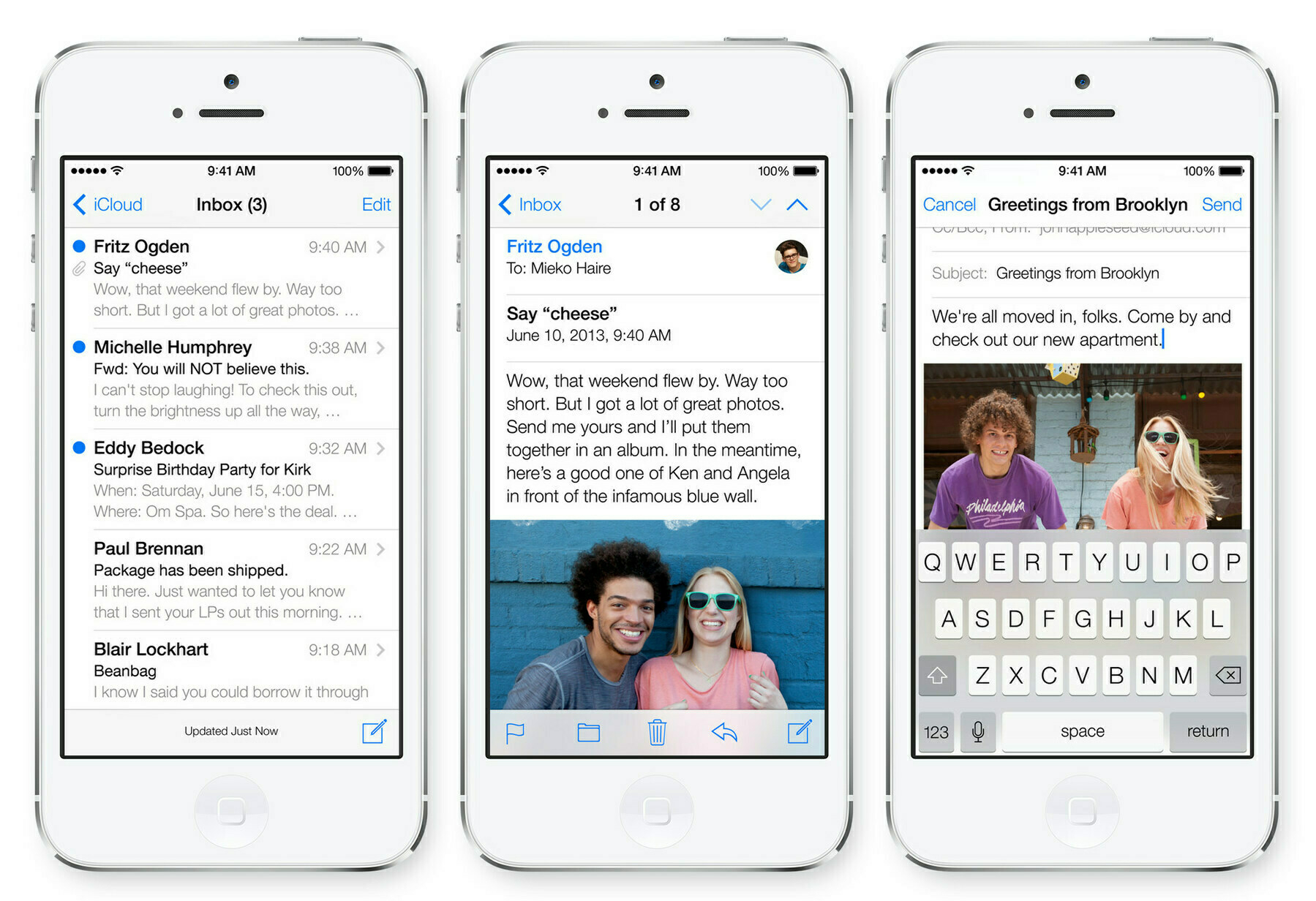 A picture of three iphones showing the Apple Mail app in iOS 7. All the messages and photos were made up.